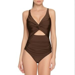 DKNY One Piece Womens Small Brown Twisted Knot Ruched Swimsuit Beachwear